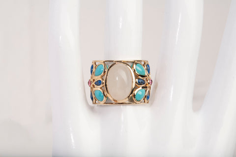 Vintage 14k Yellow Gold Moonstone with Turquoise Accents Ring