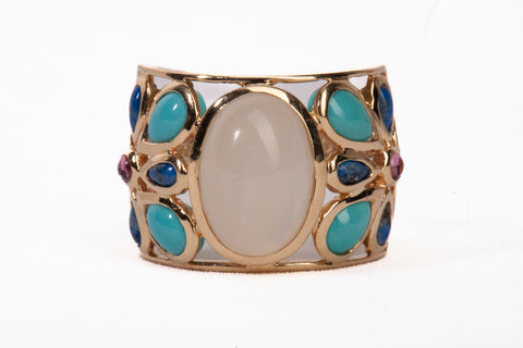 Vintage 14k Yellow Gold Moonstone with Turquoise Accents Ring