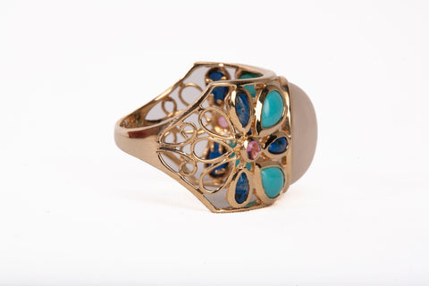 Vintage 14k Yellow Gold Moonstone with Turquoise Accents Ring