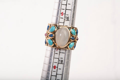 Vintage 14k Yellow Gold Moonstone with Turquoise Accents Ring