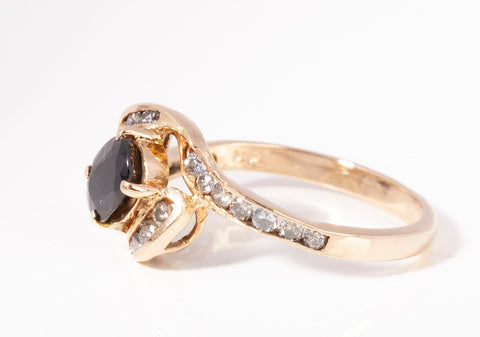 Ladies 14k Yellow Gold Blue Sapphire with Diamond Accents Bypass Ring