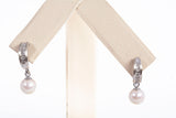 Ladies 14k White Gold Saltwater Pearl Dangle Earrings with Diamond Accents