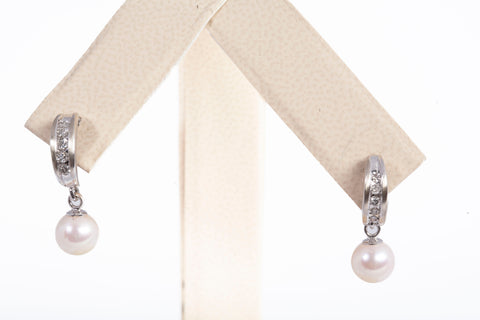 Ladies 14k White Gold Saltwater Pearl Dangle Earrings with Diamond Accents