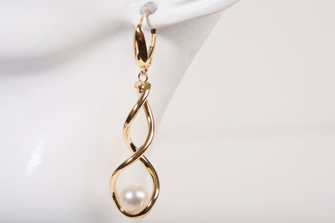 Ladies 14k Yellow Gold Saltwater Pearl Twisted Drop Earrings