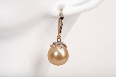 Ladies 14k Yellow Gold Golden South Sea Cultured Pearl Dangle Earrings