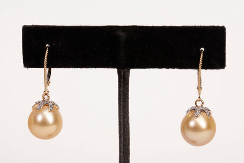 Ladies 14k Yellow Gold Golden South Sea Cultured Pearl Dangle Earrings