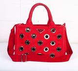 Authentic Red Prada Canvas Grommet Canapa Small Tote Bag