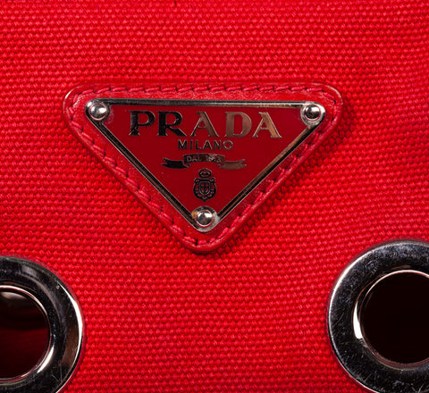 Authentic Red Prada Canvas Grommet Canapa Small Tote Bag