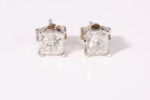 Unisex 14k White Gold Solitaire Princess Cut Diamond Stud Earrings