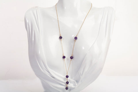 Ladies 14K Yellow Gold Purple Beaded Lariat Dangle Necklace