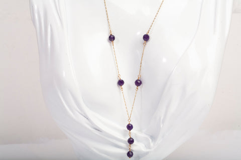 Ladies 14K Yellow Gold Purple Beaded Lariat Dangle Necklace