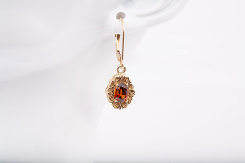 Ladies 14k Yellow Gold Citrine Oval Cut Filagree Drop Earrings
