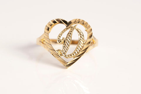 10k Yellow Gold Heart Cursive "D" Ring