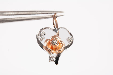 Ladies 14k Two-Toned Heart Cutout Rose with Diamond Accents Pendant