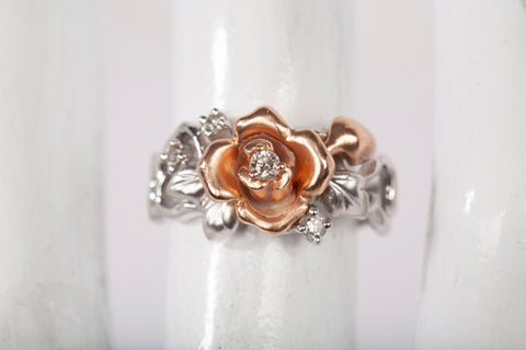Vintage 14k Two-Tone Rose Flower Diamond Ring