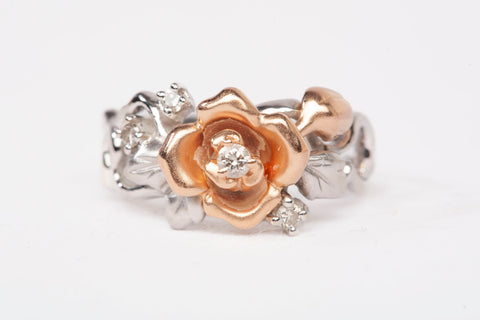Vintage 14k Two-Tone Rose Flower Diamond Ring