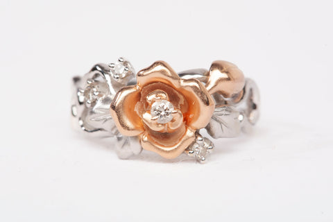 Vintage 14k Two-Tone Rose Flower Diamond Ring