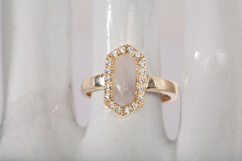 Ladies 14k Yellow Gold Synthetic Mother of Pearl Elongated Hexagon Cocktail Ring