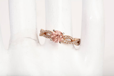 Ladies 14k Rose Gold Morganite with Diamond Twisted Pave Shank Ring