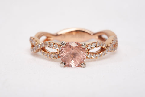 Ladies 14k Rose Gold Morganite with Diamond Twisted Pave Shank Ring