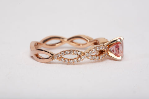 Ladies 14k Rose Gold Morganite with Diamond Twisted Pave Shank Ring
