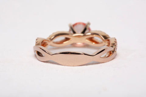Ladies 14k Rose Gold Morganite with Diamond Twisted Pave Shank Ring