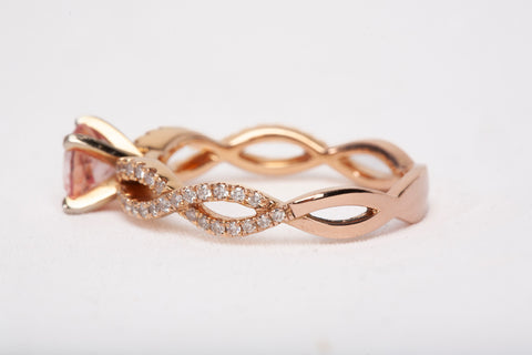 Ladies 14k Rose Gold Morganite with Diamond Twisted Pave Shank Ring