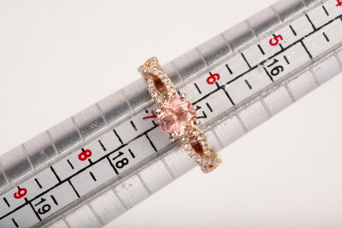 Ladies 14k Rose Gold Morganite with Diamond Twisted Pave Shank Ring