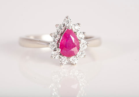 Ladies 14k White Gold Pear Shaped Ruby Diamond Accent Ring Size 7