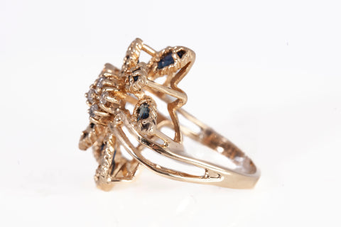 Ladies Estate 14k Yellow Gold Sapphire & Diamond Cluster Ring 0.04CTW