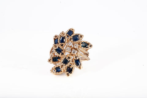 Ladies Estate 14k Yellow Gold Sapphire & Diamond Cluster Ring 0.04CTW