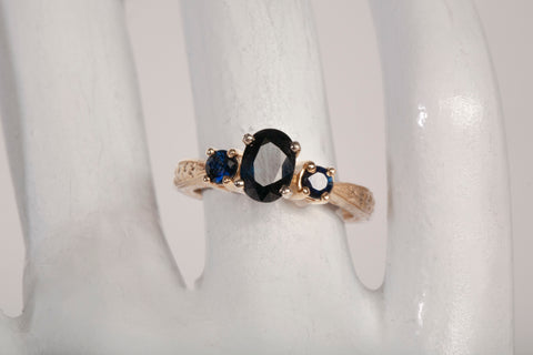 Ladies 14k Yellow Gold Three Stone Sapphire Ring