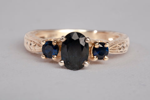 Ladies 14k Yellow Gold Three Stone Sapphire Ring