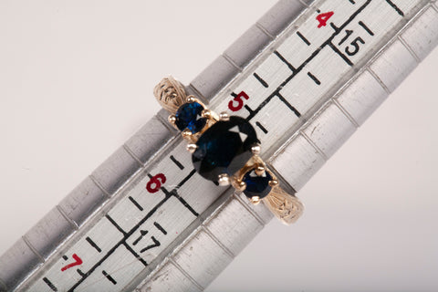 Ladies 14k Yellow Gold Three Stone Sapphire Ring
