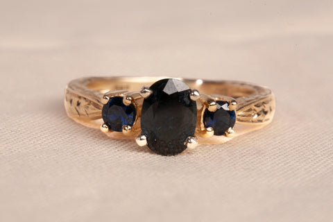 Ladies 14k Yellow Gold Three Stone Sapphire Ring