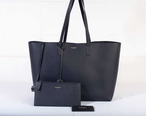 Authentic Yves Saint Laurent Blue Calfskin Leather Large Tote Bag