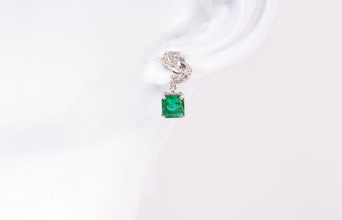 Natural Emeralds and Diamond Earrings 14k White Gold