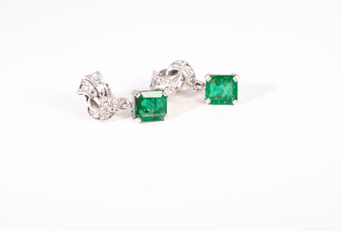 Natural Emeralds and Diamond Earrings 14k White Gold