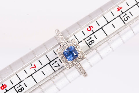 Ladies 18k White Gold Princess Cut Blue Sapphire Diamond Halo Accent Ring 0.145CTW