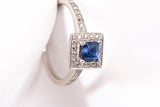 Ladies 18k White Gold Princess Cut Blue Sapphire Diamond Halo Accent Ring 0.145CTW