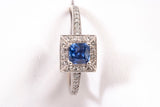 Ladies 18k White Gold Princess Cut Blue Sapphire Diamond Halo Accent Ring 0.145CTW