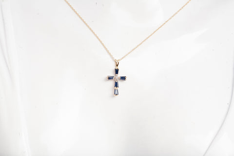 Ladies 14k Yellow Gold Sapphire with Diamond Accent Cross Pendant Necklace