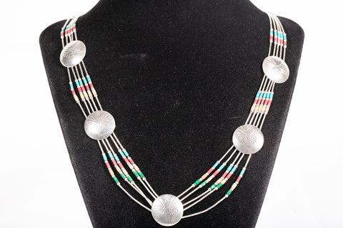 Ladies Vintage Native American Multi Gem Bead Kachina .925 Sterling Silver Necklace