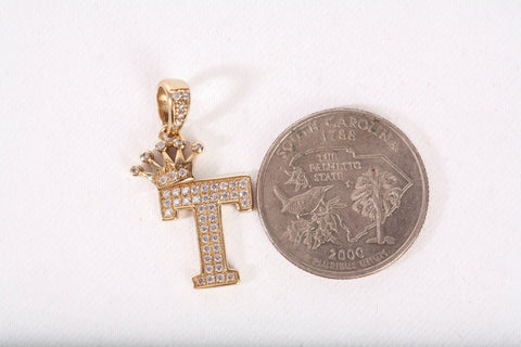 Men's 10k Yellow Gold "T" Crown Initial Cubic Zirconia Pendant