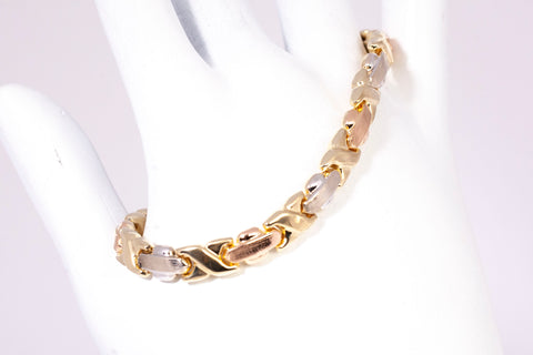 Ladies 14k Tri-Color Gold XO Link Bracelet Size 6.75"