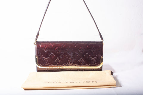 Authentic Louis Vuitton Burgundy Monogram Vernis Rossmore MM Clutch Bag