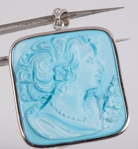 Women's Turquoise Cameo Pendant in 18k White Gold Setting