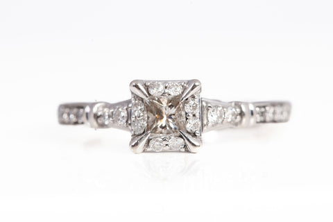 Ladies 10k White Gold Halo Princess Cut Diamond Engagement Ring