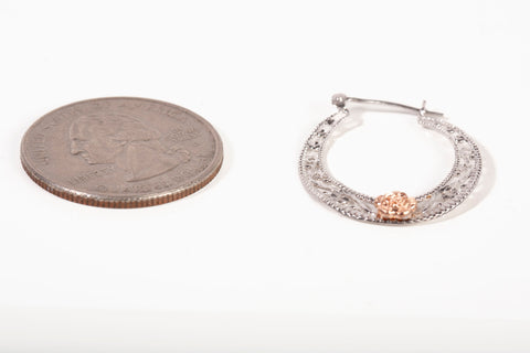 10k Two-Tone Diamond Cut Filigree Hoop Earrings with Rose Accent
