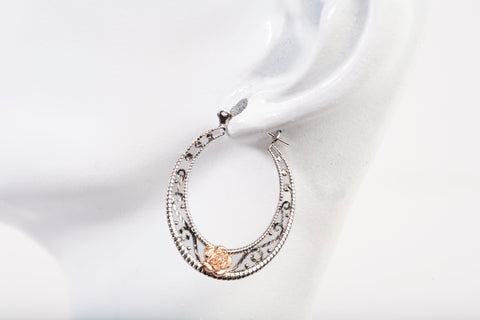 10k Two-Tone Diamond Cut Filigree Hoop Earrings with Rose Accent